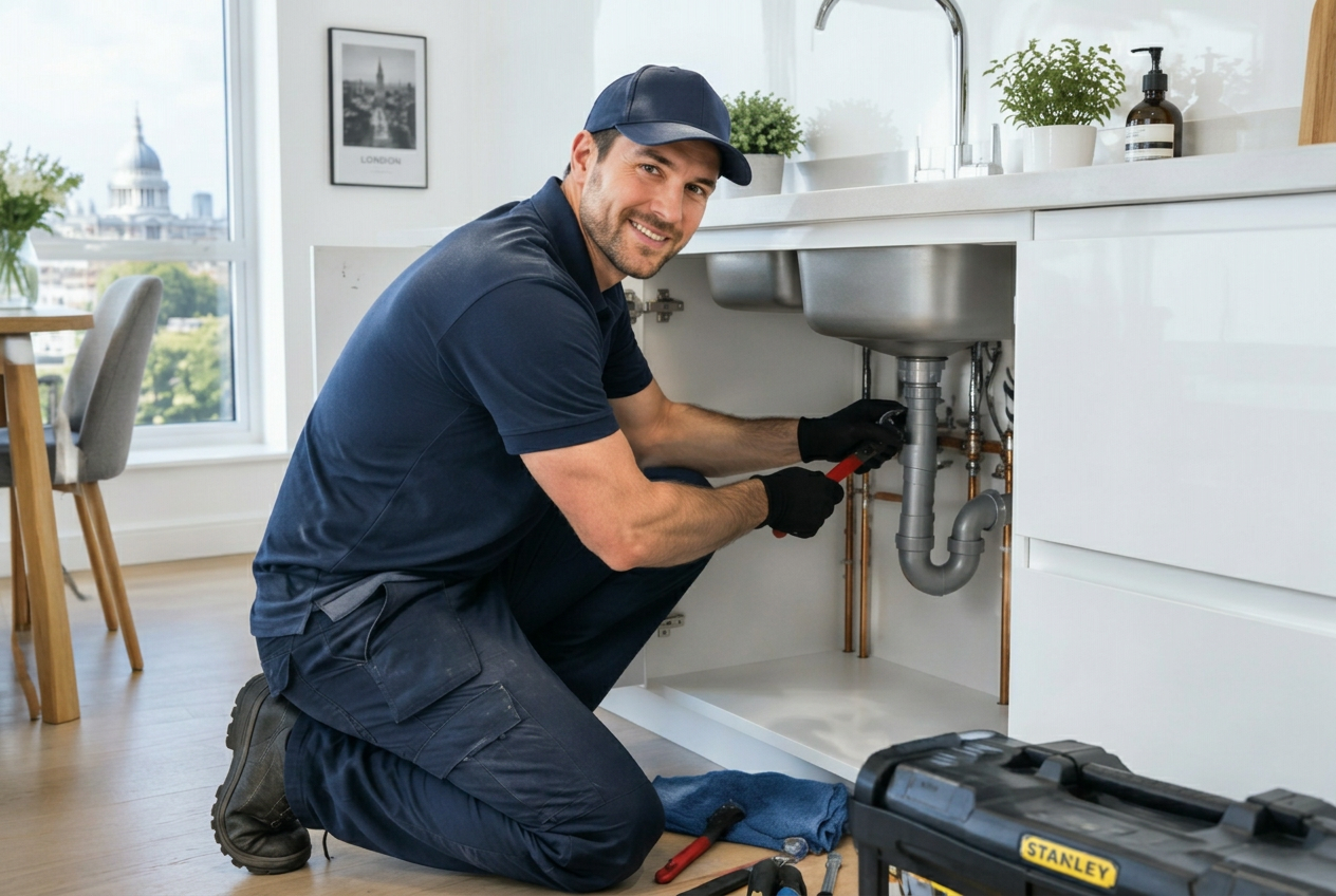 Devs Plumbing plumber at work in a London kitchen